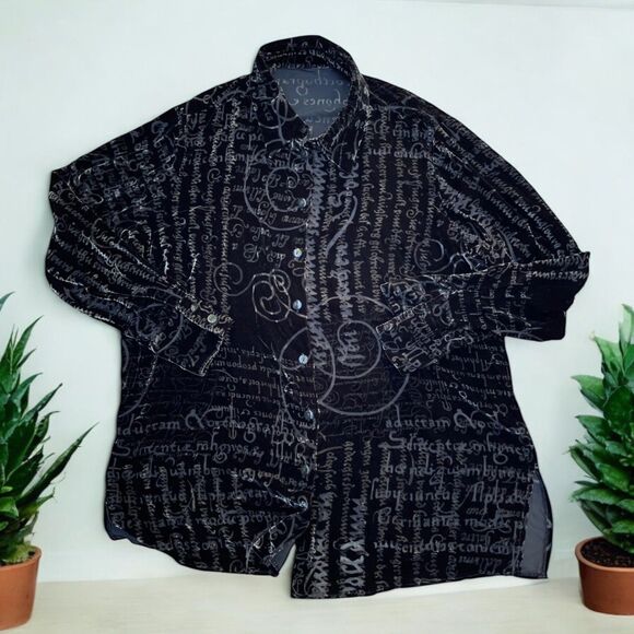 Vintage 90s Black Velvet Burnout Script Print Top Silk Blend Semi Sheer Boho L - Picture 2 of 16